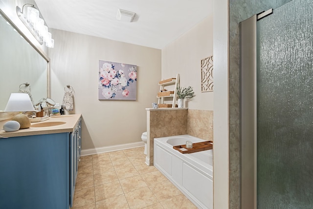 bathroom with vanity, toilet, an enclosed shower, visible vents, and a garden tub