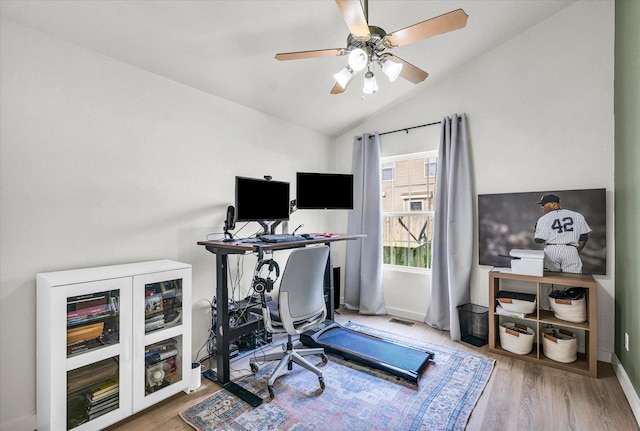 4022 Orchard Ln, Monticello, IL 61856 - office space featuring ceiling fan, wood finished floors, lofted ceiling, and baseboards