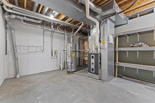 unfinished below grade area with heating unit and water heater