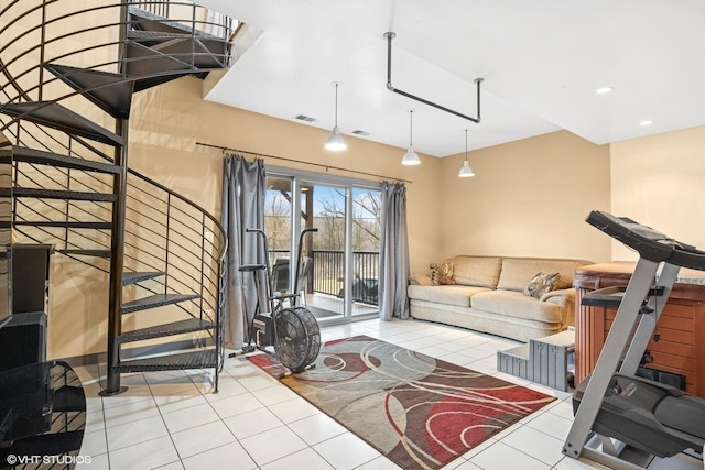 interior space with recessed lighting, stairs, and visible vents