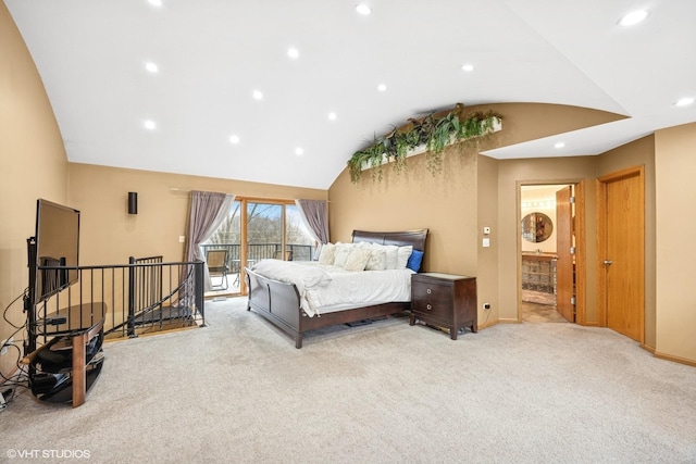 bedroom featuring carpet floors, access to exterior, recessed lighting, and lofted ceiling