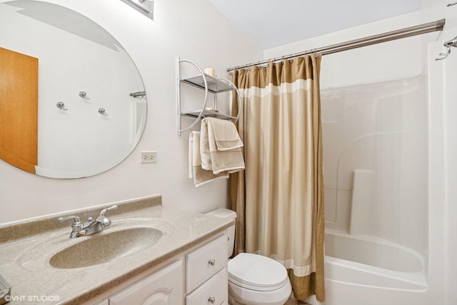 bathroom with toilet, shower / bath combo with shower curtain, and vanity