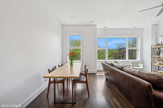 living area featuring healthy amount of natural light, baseboards, dark wood-type flooring, and recessed lighting