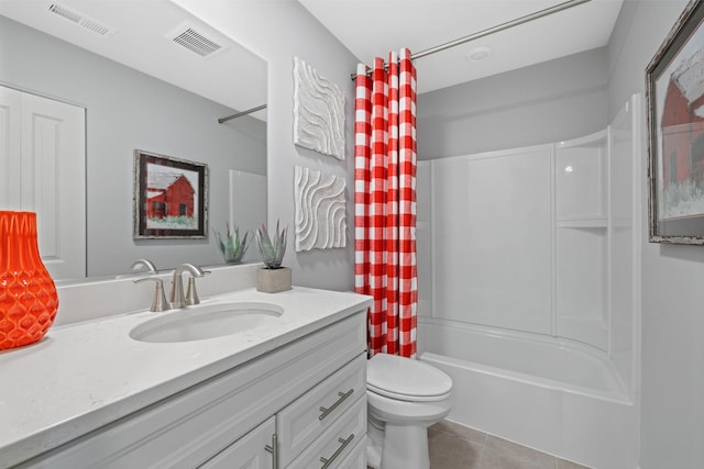 bathroom featuring visible vents, shower / tub combo, tile patterned flooring, and toilet