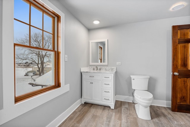 bathroom featuring toilet, baseboards, a wealth of natural light, and wood finished floors