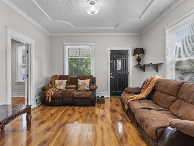 908 Superior St, Aurora, IL 60505 - living room featuring wood finished floors, a textured ceiling, ornamental molding, and baseboards