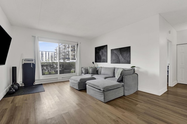 living room with baseboards and wood finished floors