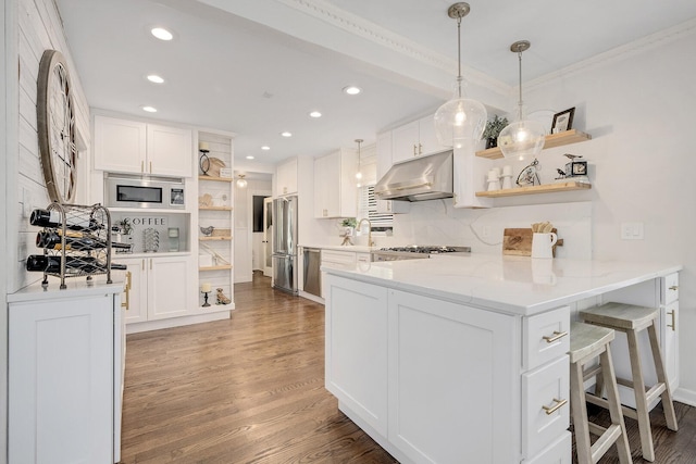 5619 Dunham Rd, Downers Grove, IL 60516 - kitchen with open shelves, under cabinet range hood, stainless steel appliances, a peninsula, and tasteful backsplash