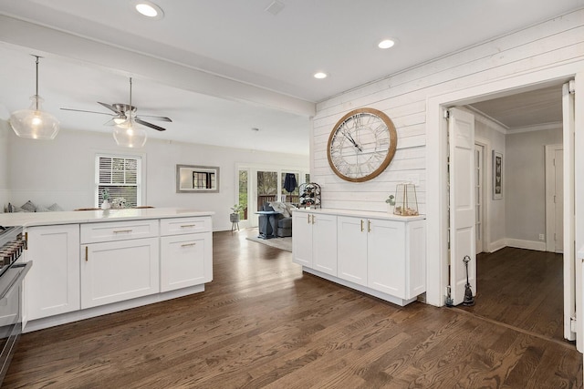 5619 Dunham Rd, Downers Grove, IL 60516 - kitchen featuring a ceiling fan, white cabinets, dark wood finished floors, ornamental molding, and recessed lighting
