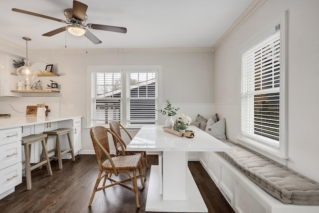 5619 Dunham Rd, Downers Grove, IL 60516 - dining space with dark wood-type flooring, a desk, crown molding, and a ceiling fan