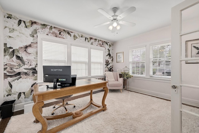 5619 Dunham Rd, Downers Grove, IL 60516 - home office with a ceiling fan, baseboards, ornamental molding, and carpet floors