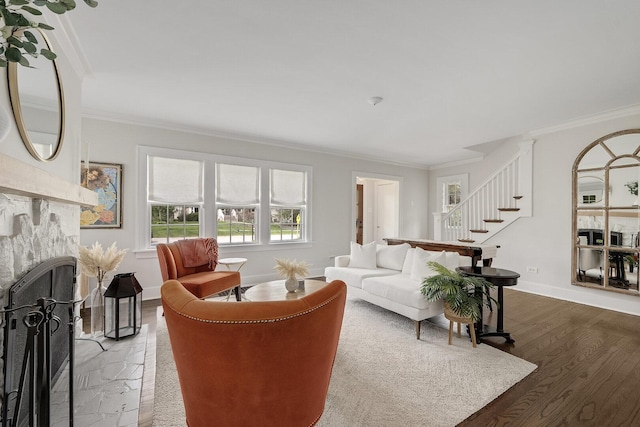 5619 Dunham Rd, Downers Grove, IL 60516 - living area with a fireplace, crown molding, stairs, baseboards, and wood finished floors
