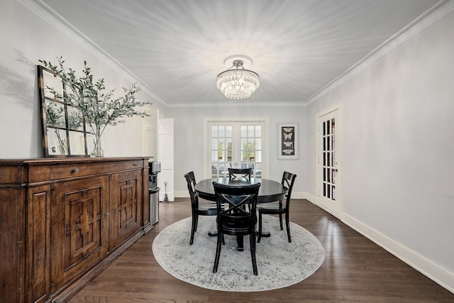 5619 Dunham Rd, Downers Grove, IL 60516 - dining space with a chandelier, ornamental molding, baseboards, and dark wood finished floors