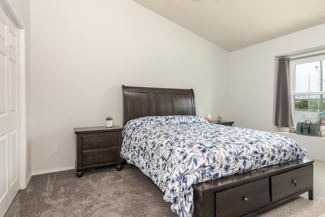 bedroom featuring baseboards, carpet flooring, and lofted ceiling