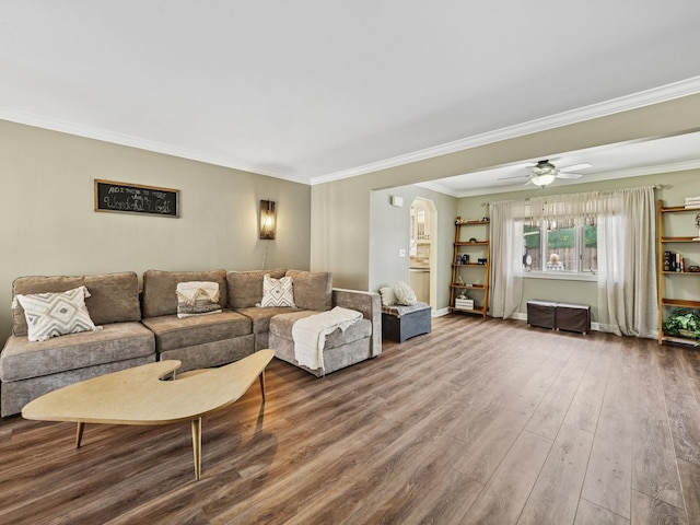 27241 W Nippersink Rd, Ingleside, IL 60041 - living room with a ceiling fan, baseboards, ornamental molding, and wood finished floors