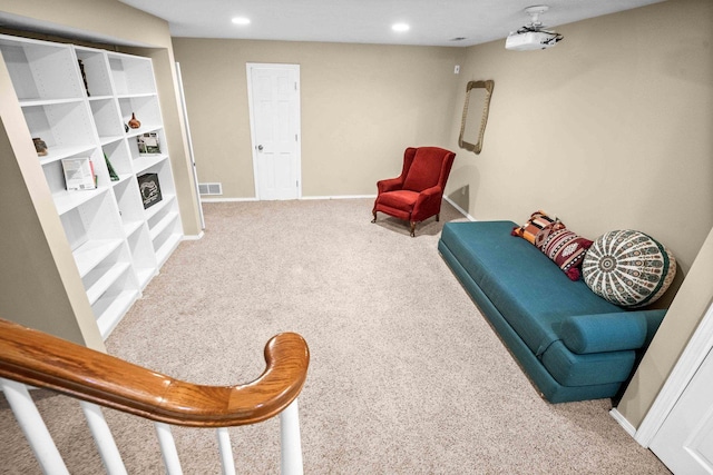 sitting room with visible vents, recessed lighting, carpet, and baseboards