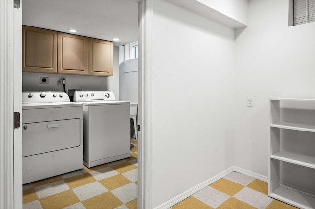 clothes washing area with baseboards, light floors, recessed lighting, cabinet space, and independent washer and dryer