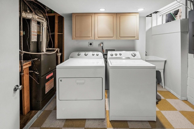 laundry area with washing machine and clothes dryer, cabinet space, baseboards, light floors, and recessed lighting