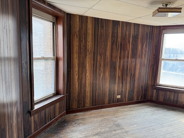 empty room with wooden walls, baseboards, a wealth of natural light, and wood finished floors