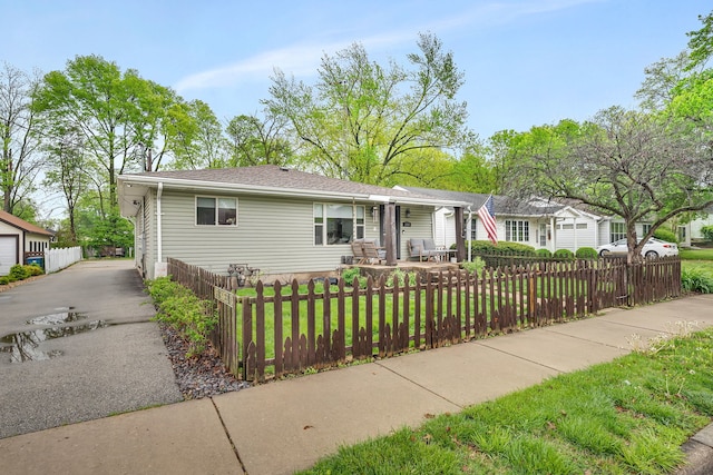 single story home with covered porch and a fenced front yard