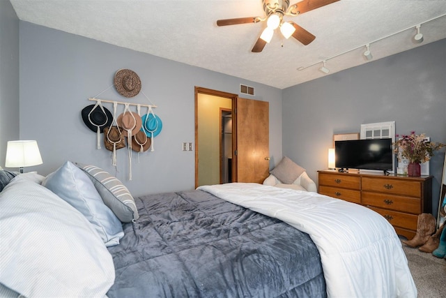 1107 N Bailey Dr, Pontiac, IL 61764 - carpeted bedroom with a ceiling fan and a textured ceiling