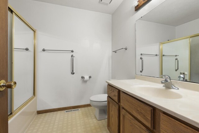 full bathroom with vanity, toilet, tile patterned floors, baseboards, and visible vents