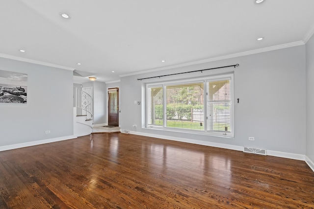 unfurnished room with visible vents, ornamental molding, stairs, baseboards, and recessed lighting