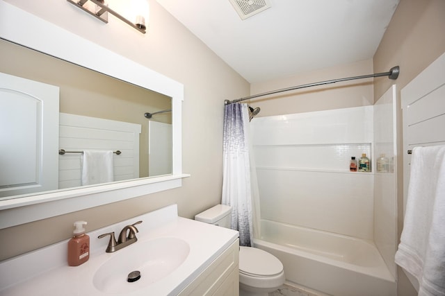 bathroom with toilet, visible vents, shower / bathtub combination with curtain, and vanity