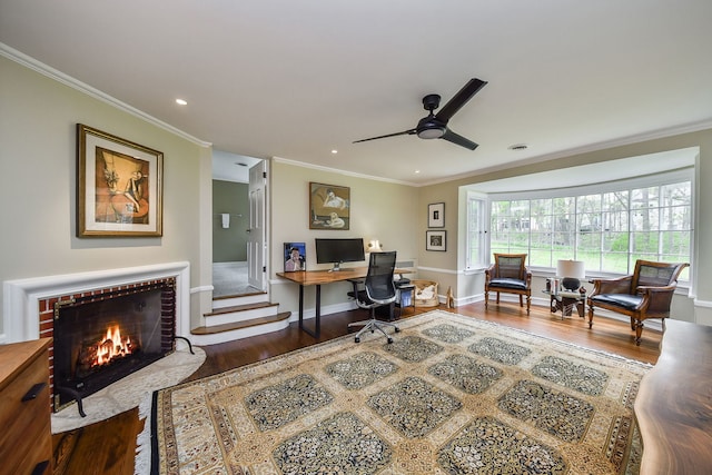 36W722 Crane Rd, Saint Charles, IL 60175 - office featuring wood finished floors, ornamental molding, recessed lighting, ceiling fan, and a brick fireplace
