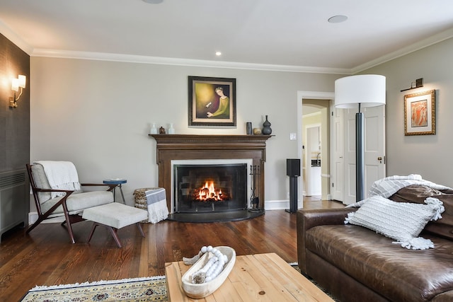 36W722 Crane Rd, Saint Charles, IL 60175 - living room featuring a lit fireplace, crown molding, baseboards, and wood finished floors