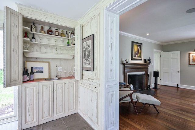 36W722 Crane Rd, Saint Charles, IL 60175 - bar with ornamental molding, a fireplace, and dark wood-style floors
