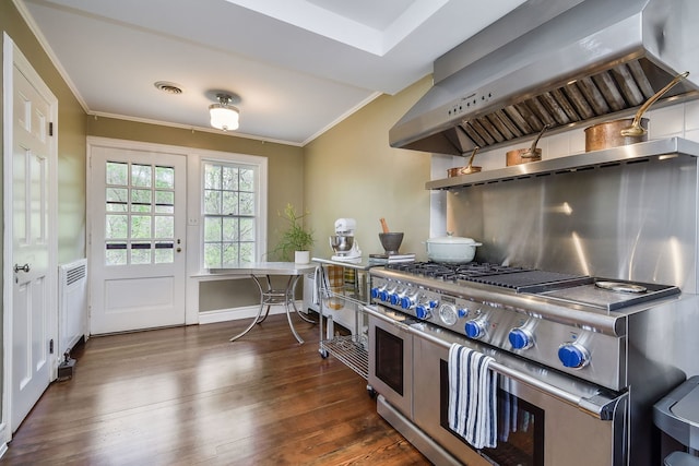 36W722 Crane Rd, Saint Charles, IL 60175 - kitchen with crown molding, wall chimney exhaust hood, wood finished floors, and double oven range