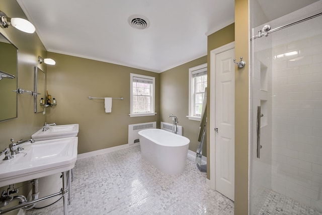 36W722 Crane Rd, Saint Charles, IL 60175 - bathroom featuring a tile shower, radiator, visible vents, baseboards, and a freestanding tub