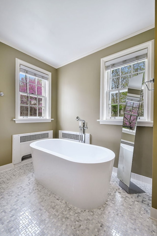 36W722 Crane Rd, Saint Charles, IL 60175 - bathroom featuring crown molding, a wealth of natural light, and radiator heating unit