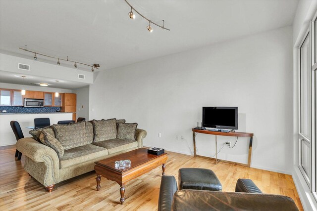 living area featuring rail lighting and light wood-style flooring