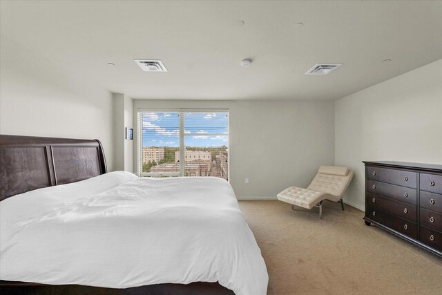carpeted bedroom with access to outside and baseboards