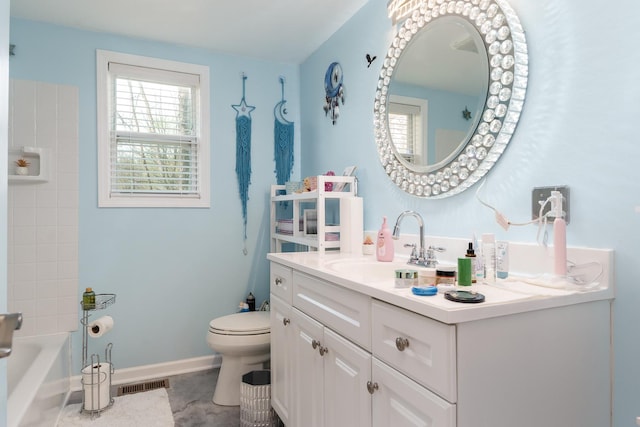 bathroom featuring visible vents, tile patterned flooring, vanity, toilet, and baseboards