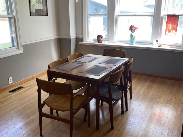 dining room featuring baseboards, visible vents, plenty of natural light, and hardwood / wood-style floors