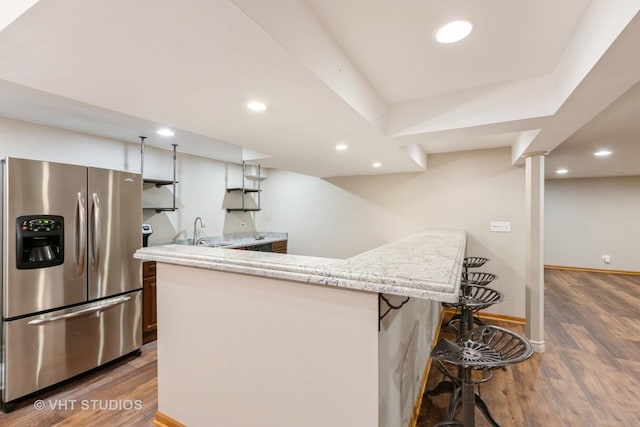 685 Veronica Ct, New Lenox, IL 60451 - kitchen featuring stainless steel refrigerator with ice dispenser, wood finished floors, a sink, open shelves, and recessed lighting