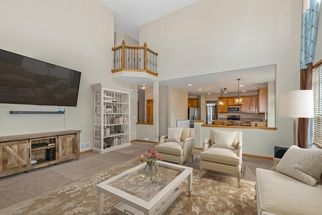 685 Veronica Ct, New Lenox, IL 60451 - carpeted living area with a high ceiling, baseboards, and a sink