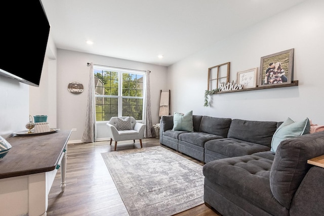 living room with wood finished floors, recessed lighting, and baseboards