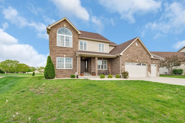 view of front of home featuring roof with shingles, an attached garage, a front lawn, brick siding, and driveway