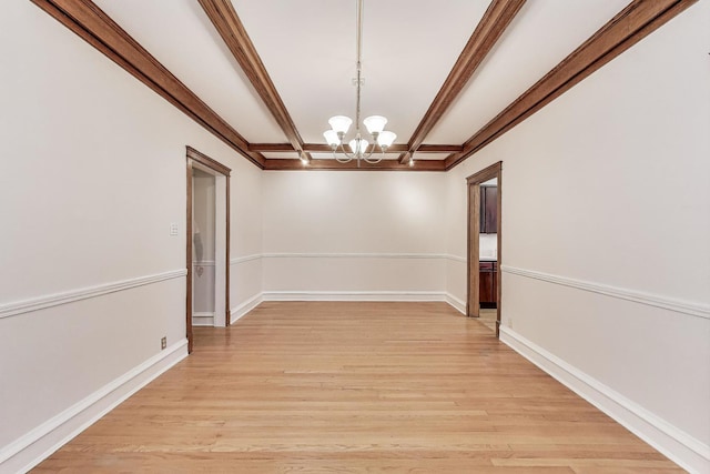 1431 W Rascher Ave Unit 1W, Chicago, IL 60640 - empty room featuring a chandelier, light wood finished floors, coffered ceiling, baseboards, and beam ceiling