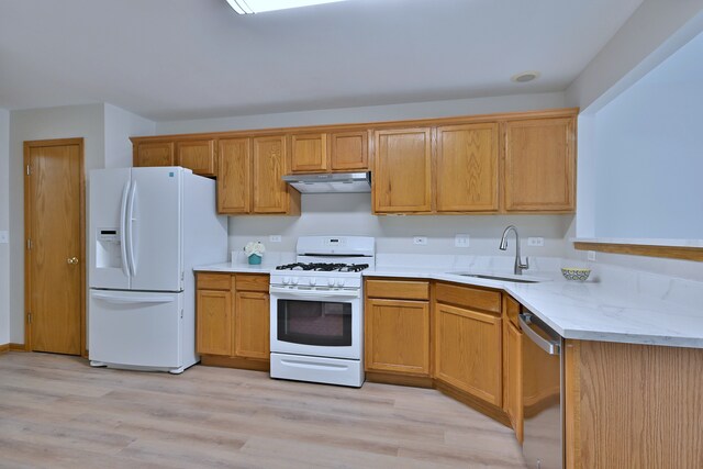 3244 Foxridge Ct, Woodridge, IL 60517 - kitchen with white appliances, a sink, under cabinet range hood, and light wood-type flooring