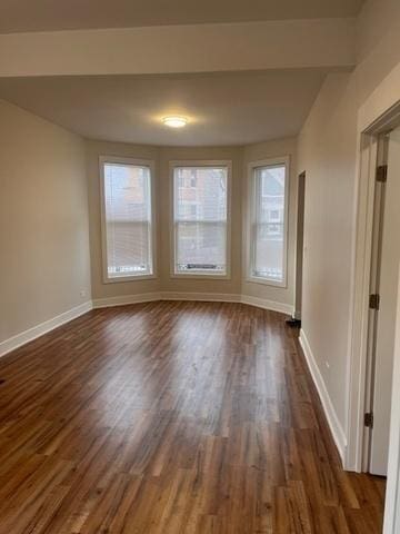 spare room featuring baseboards, dark wood-style floors, and a wealth of natural light
