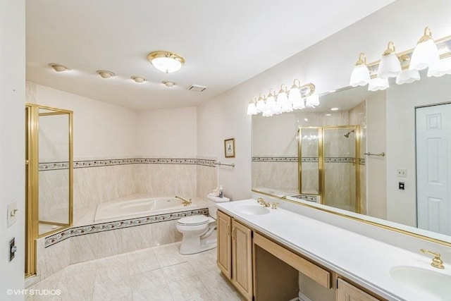 full bath featuring a sink, double vanity, a stall shower, and a bath