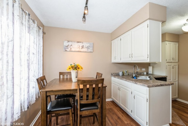 kitchen with white cabinets, dark wood-style flooring, baseboards, and a sink