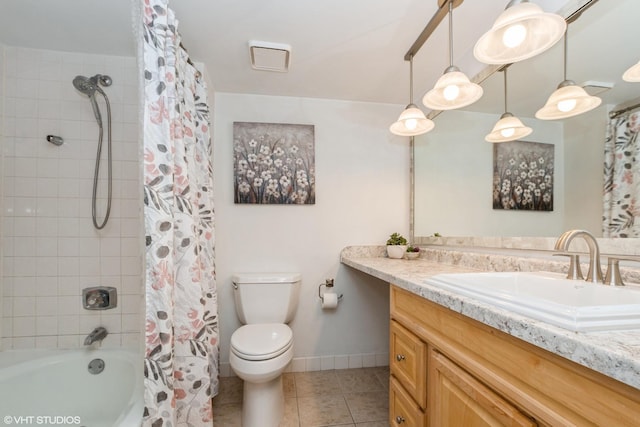 bathroom with toilet, vanity, tile patterned flooring, shower / bath combination with curtain, and baseboards