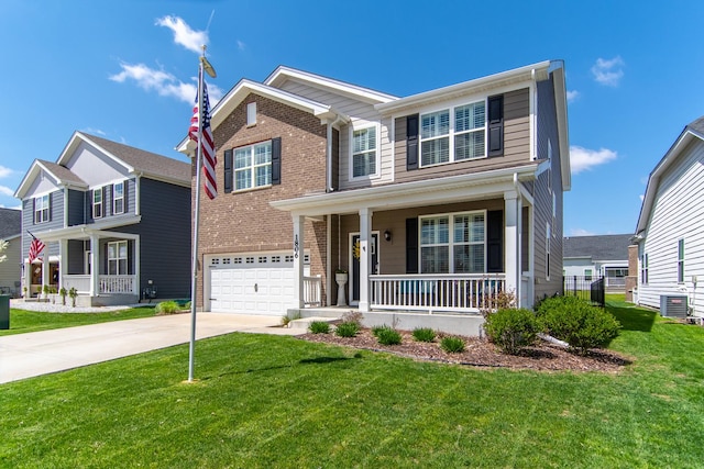 view of front of property featuring a porch, a front yard, brick siding, concrete driveway, and an attached garage
