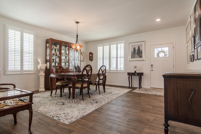 dining room with baseboards, dark wood-style flooring, and a healthy amount of sunlight